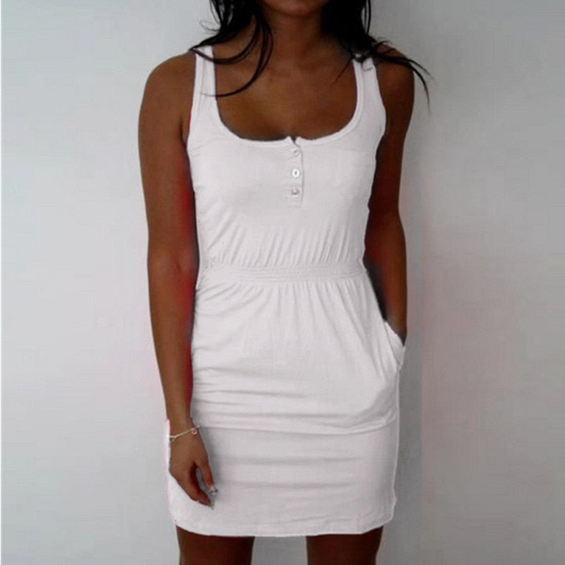 Summer Women's Dress Elastic Waist Sleeveless Low-cut Dress Ladies Mini Dress Sexy Club Package Hip Dress Beach Tank Top Dress