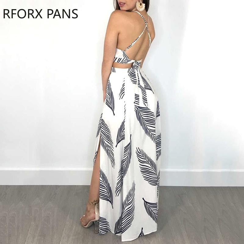 Women Leaf Print Backless Two Pieces Dress Cami Top & Split Maxi Set Dress
