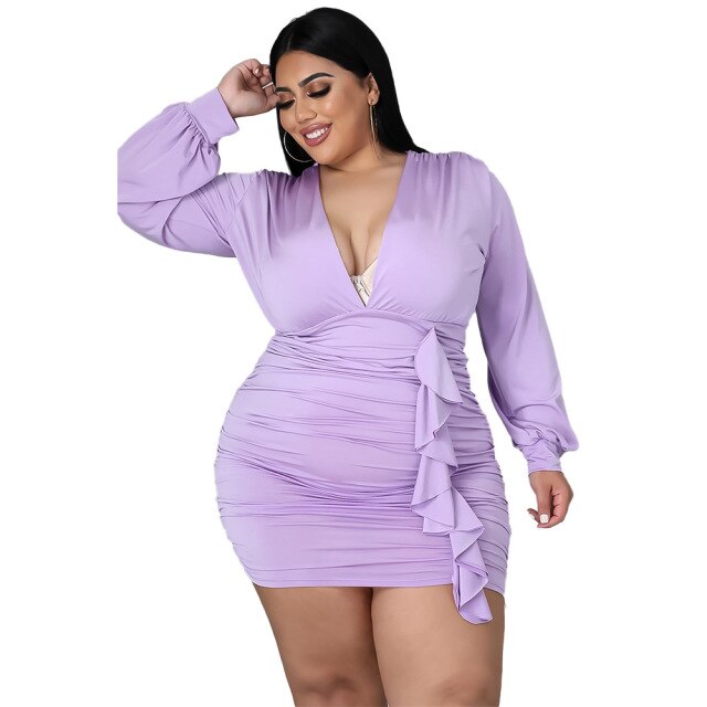 Women Autumn Plus Size Dresses Long Sleeve V Neck Mini Dress L-4XL