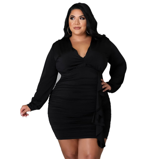 Women Autumn Plus Size Dresses Long Sleeve V Neck Mini Dress L-4XL