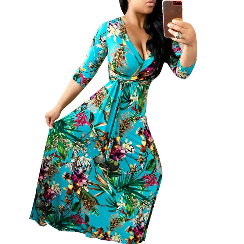 Women's Sexy V-Neck Seven-Sleeve Polyester Dress