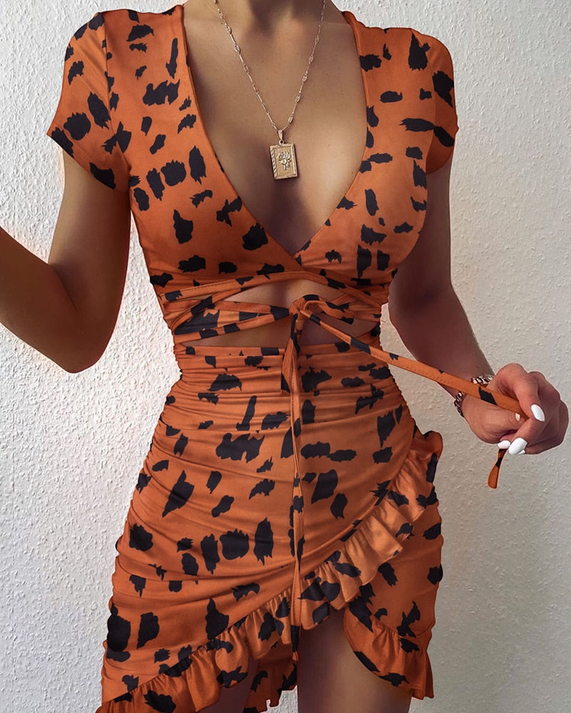 Cryptographic Floral Print Fashion Tie Up Wrap Mini Dress 2021 Summer Holiday Ruffles Sundress Ruched Women's Dress Short Sleeve