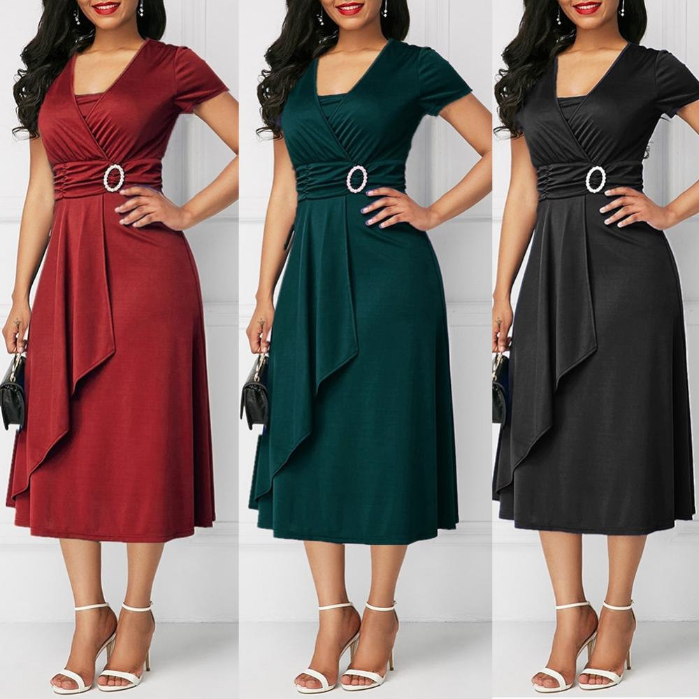 2022 Fashion Elegant Women Solid Color Short Sleeve V Neck Asymmetric Hem Waist Tight Midi Party Dress Ladies Evening Vestidos