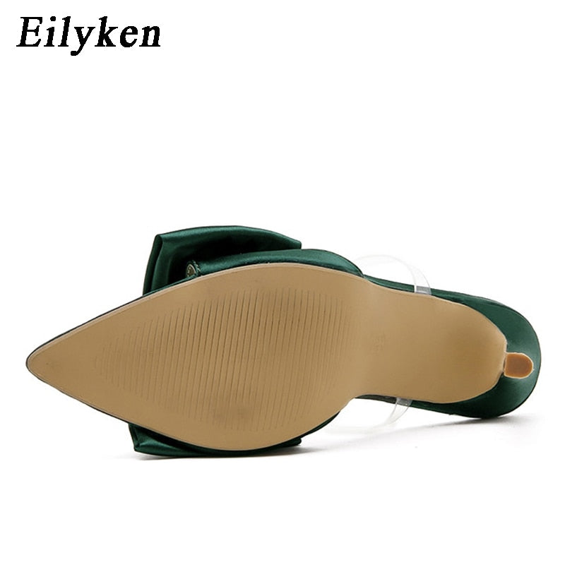 Eilyken Silk Butterfly-knot Women slippers Mule high heels Slippers Sandals flip flops Pointed toe Strappy Slides Party shoes