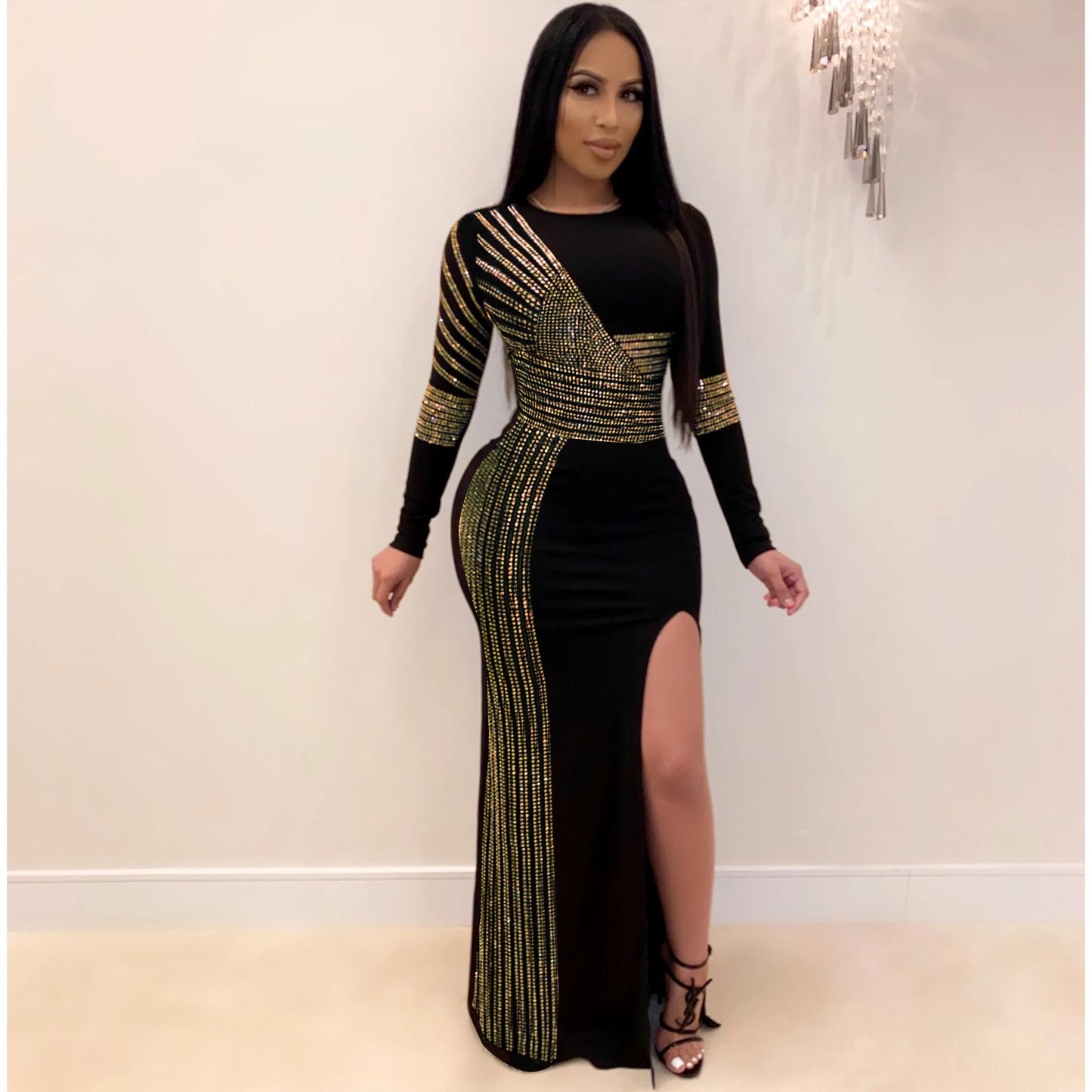 African Maxi Dresses For Women 2020 Black African Long Dress Sequins O-Neck Long Sleeves Daily Dress Evening Dress Party Dress