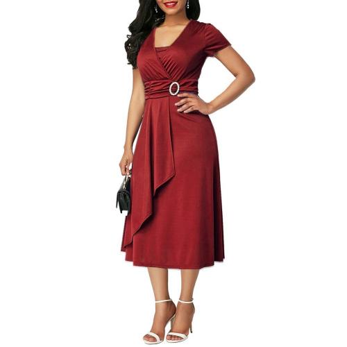 2022 Fashion Elegant Women Solid Color Short Sleeve V Neck Asymmetric Hem Waist Tight Midi Party Dress Ladies Evening Vestidos