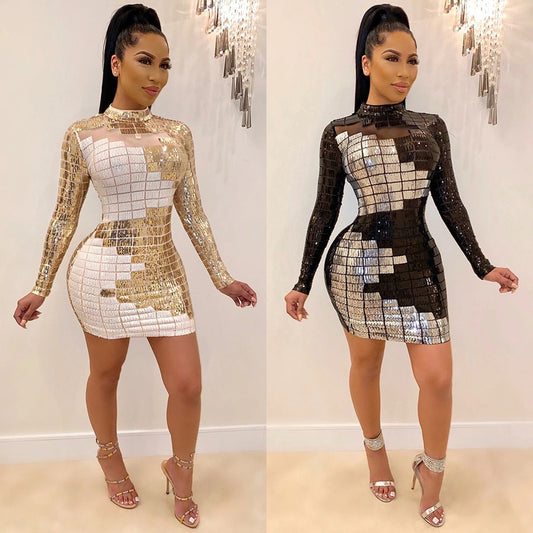 Spring 2022 New Sequin Dress Europe and America Women&#39;s Long Sleeve Dress Net Gauze White Black Sequin Dress