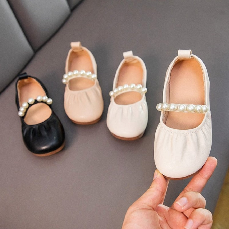 Spring Children Girls Flat Pearl PU Leather Shoes Kids Baby Princess Shoes