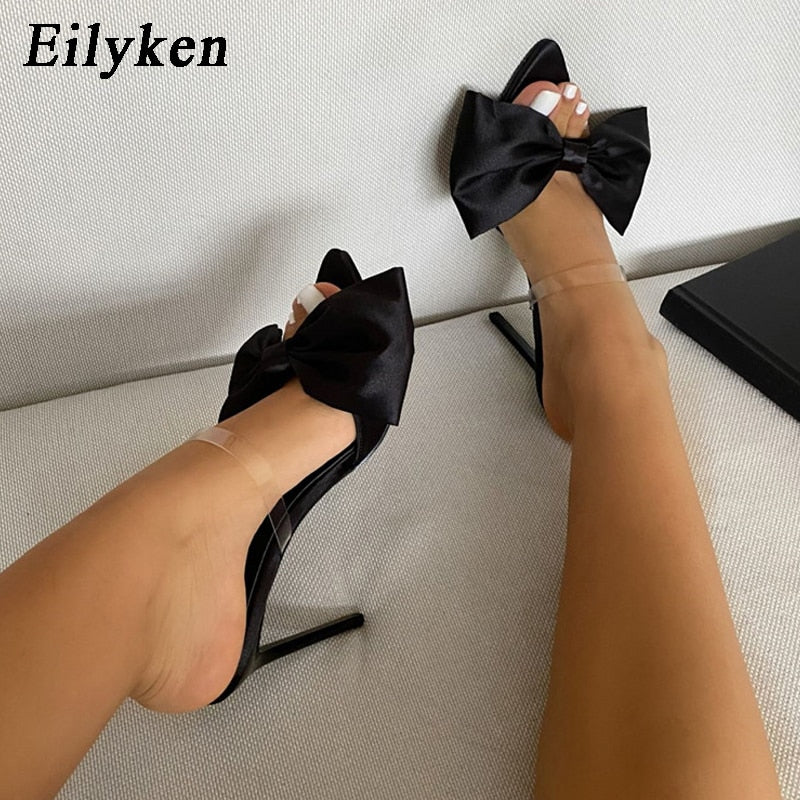 Eilyken Silk Butterfly-knot Women slippers Mule high heels Slippers Sandals flip flops Pointed toe Strappy Slides Party shoes