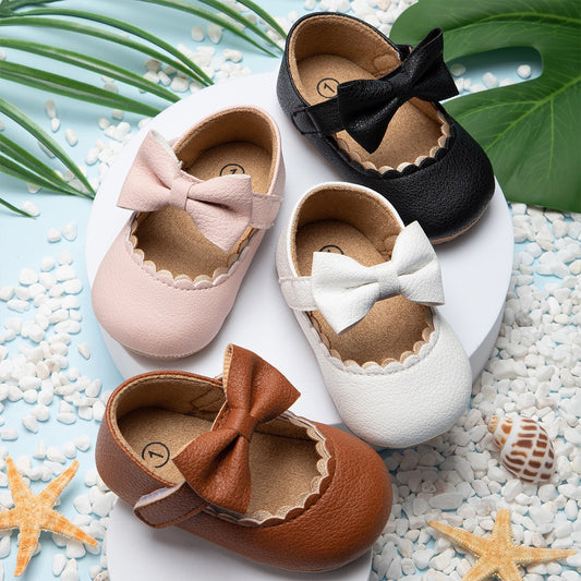 KIDSUN Baby Casual Shoes Infant Toddler Bowknot Non-slip Rubber Soft-Sole Flat PU First Walker Newborn Bow Decor Mary Janes