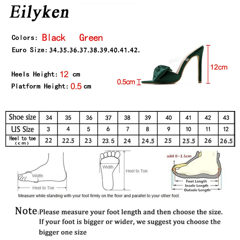 Eilyken Silk Butterfly-knot Women slippers Mule high heels Slippers Sandals flip flops Pointed toe Strappy Slides Party shoes