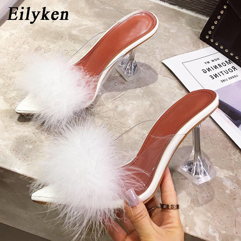 Eilyken Summer Woman Pumps PVC Transparent Feather Perspex Crystal High Heels Fur Peep Toe Mules Slippers Ladies Slides Shoes