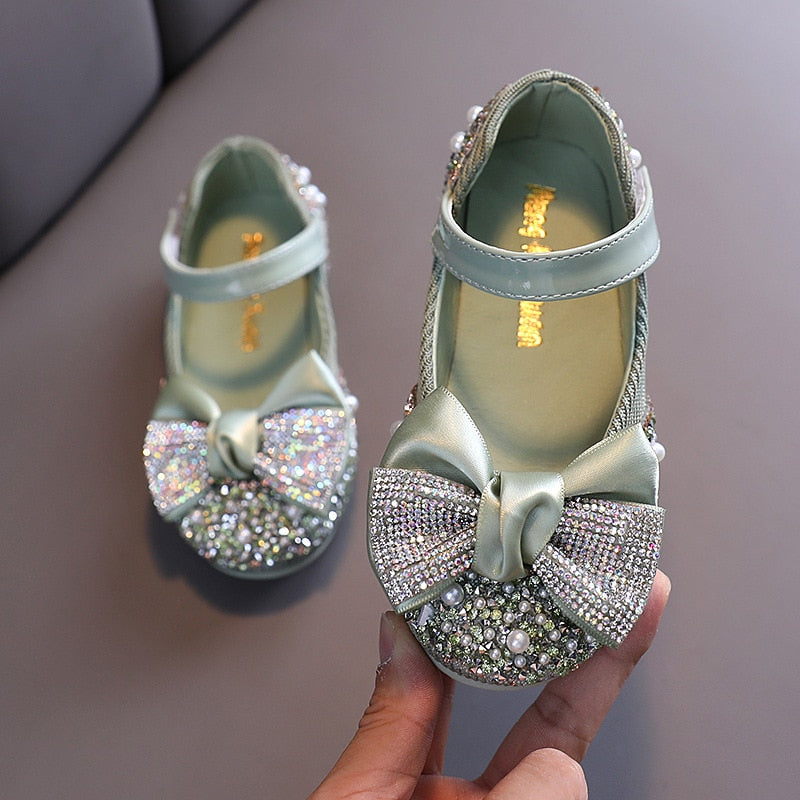 New Children Leather Shoes Rhinestone Bow Princess Girls Party Dance Shoes Baby Student Flats Kids Performance Shoes D785