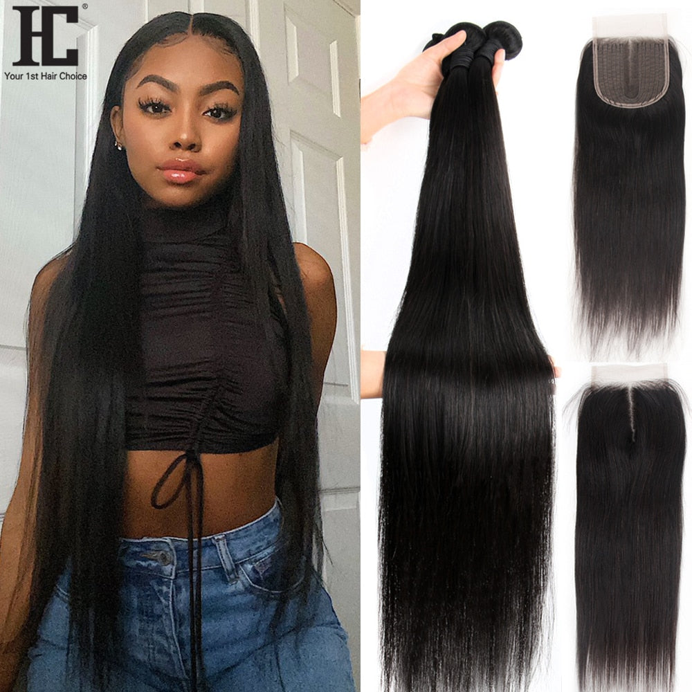 40 Inch Brazilian Straight 3 / 4 Bundles With Lace Closure Remy Human Hair Weave Bundle Deals With 5x5 Lace Part Closure Dyeable