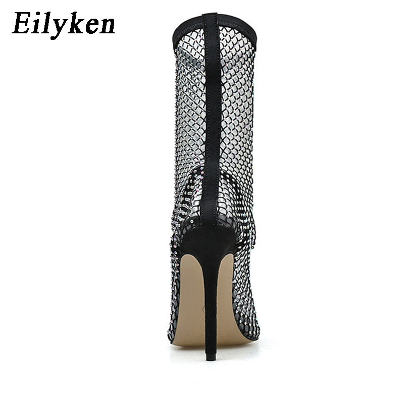 Eilyken New Design Crystal Rhinestone Mesh Stretch Fabric Sock Boots Fashion PVC Transparent Pointed Toe Shoes Sexy High Heels