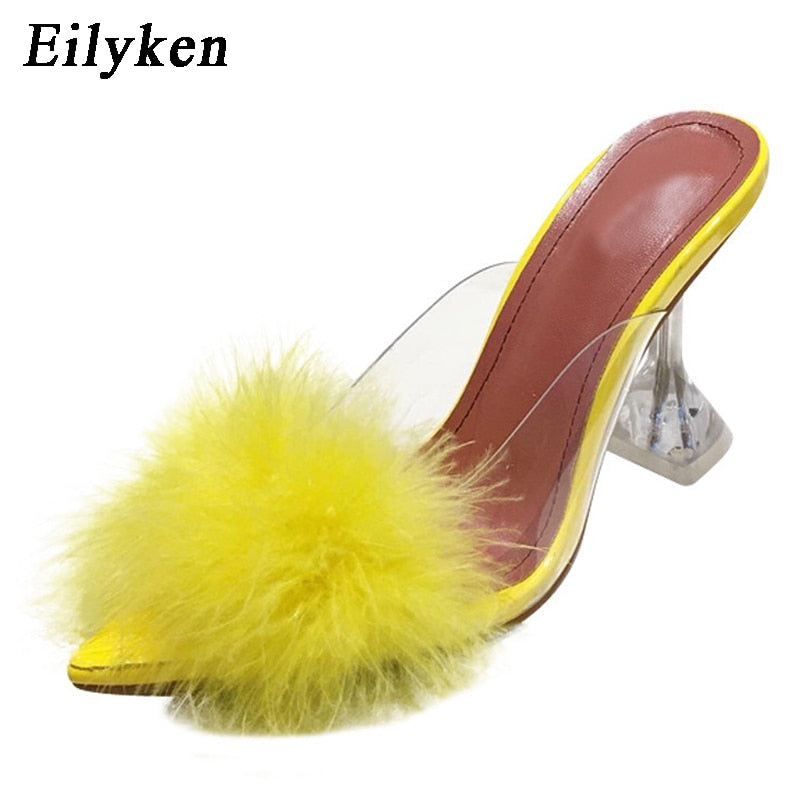 Eilyken Summer Woman Pumps PVC Transparent Feather Perspex Crystal High Heels Fur Peep Toe Mules Slippers Ladies Slides Shoes