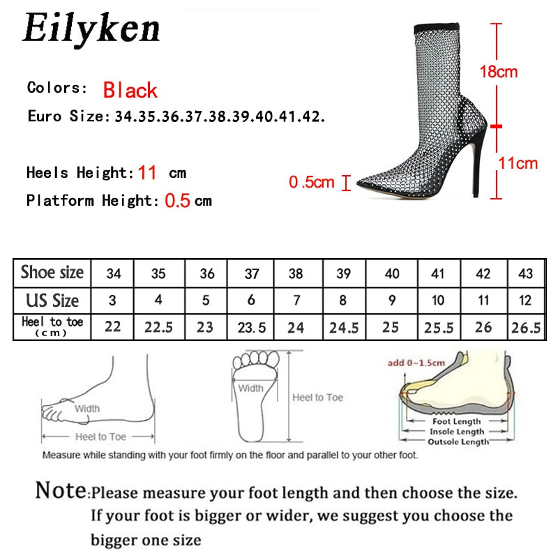 Eilyken New Design Crystal Rhinestone Mesh Stretch Fabric Sock Boots Fashion PVC Transparent Pointed Toe Shoes Sexy High Heels