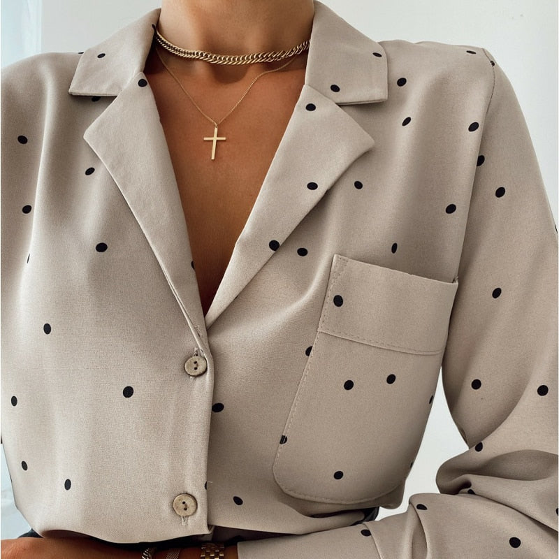 Pockets Polka Dot Printed Casual Women Blouse Ladies Long Sleeve Turn Down Collar Office Work Fashion 2021 Autumn Tops