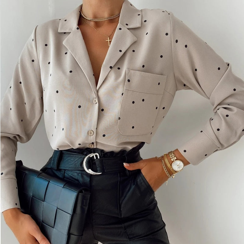Pockets Polka Dot Printed Casual Women Blouse Ladies Long Sleeve Turn Down Collar Office Work Fashion 2021 Autumn Tops