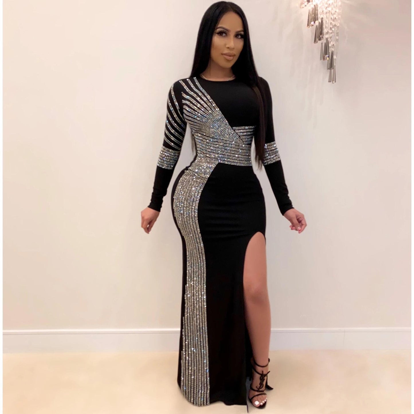 African Maxi Dresses For Women 2020 Black African Long Dress Sequins O-Neck Long Sleeves Daily Dress Evening Dress Party Dress