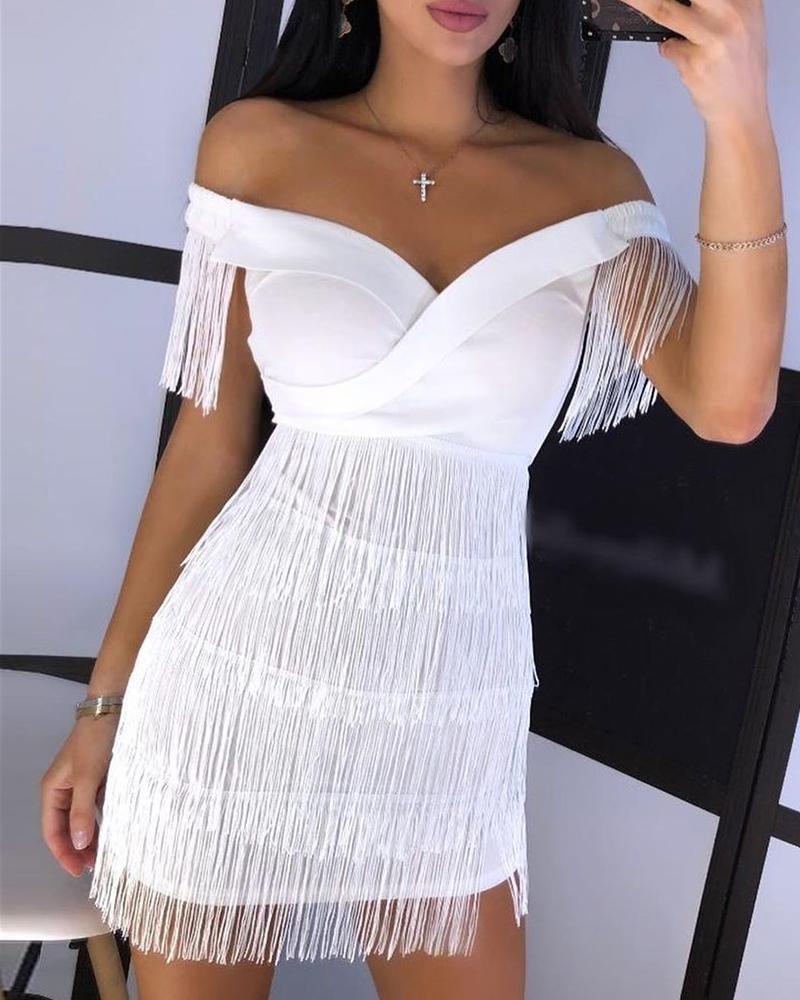 White Fringe Celebrity Evening Runway Party Dress Women Sexy Tassels Short Sleeve Club Dress Vestidos