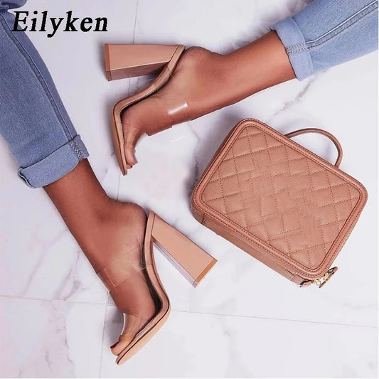 Eilyken 2022 Summer Square High Heels Mules Women Slippers PVC Transparent Slides Casual Slippers Shoes size 35-42