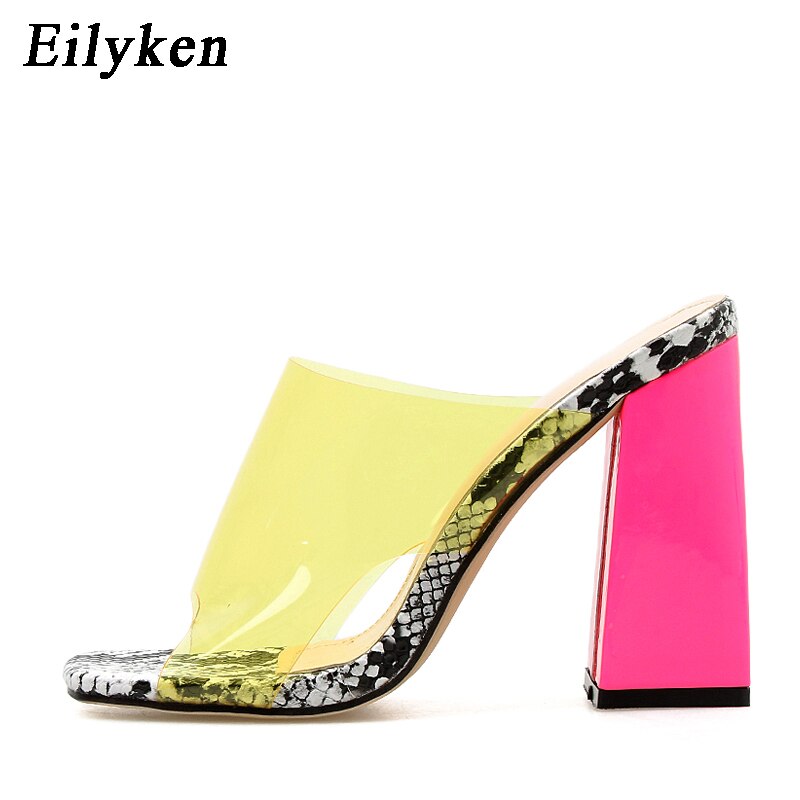 Eilyken 2022 Summer Square High Heels Mules Women Slippers PVC Transparent Slides Casual Slippers Shoes size 35-42