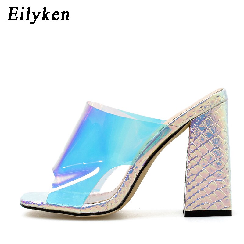 Eilyken 2022 Summer Square High Heels Mules Women Slippers PVC Transparent Slides Casual Slippers Shoes size 35-42