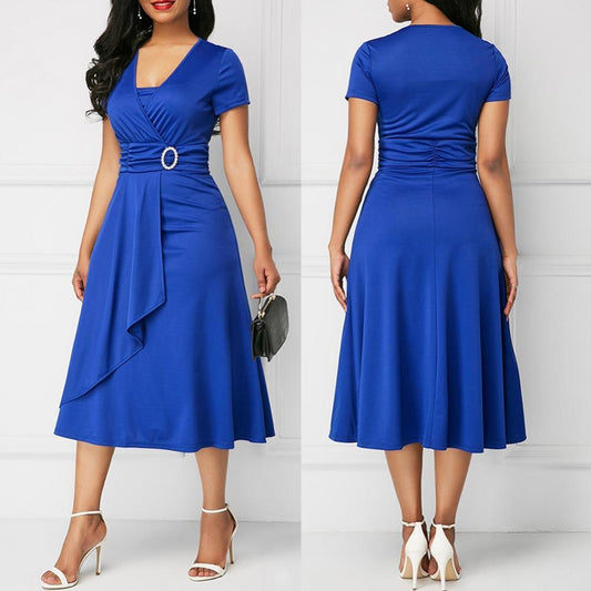 2022 Fashion Elegant Women Solid Color Short Sleeve V Neck Asymmetric Hem Waist Tight Midi Party Dress Ladies Evening Vestidos