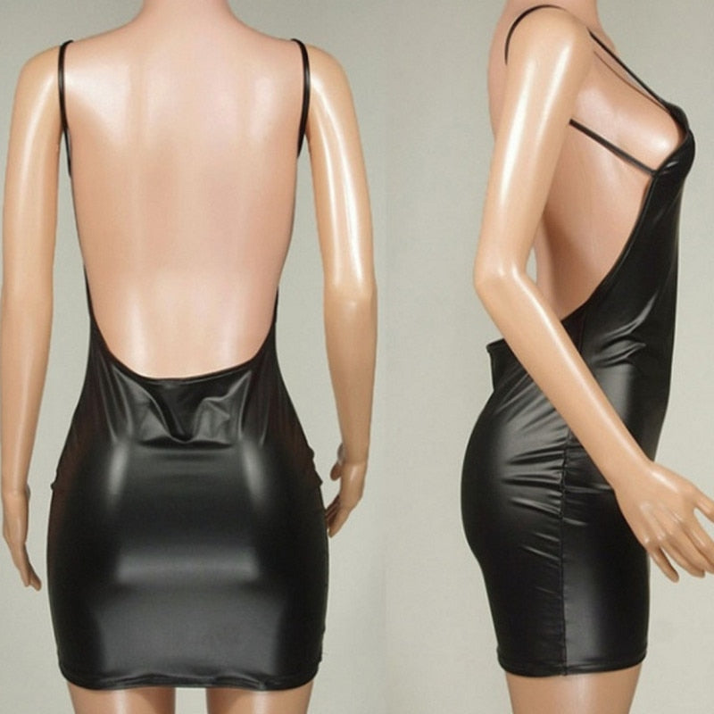 Sexy Dress Backless Club Party Short Dress Solid Black Wet Look Latex Bodycon Push Up Bra Mini Micro Dresses