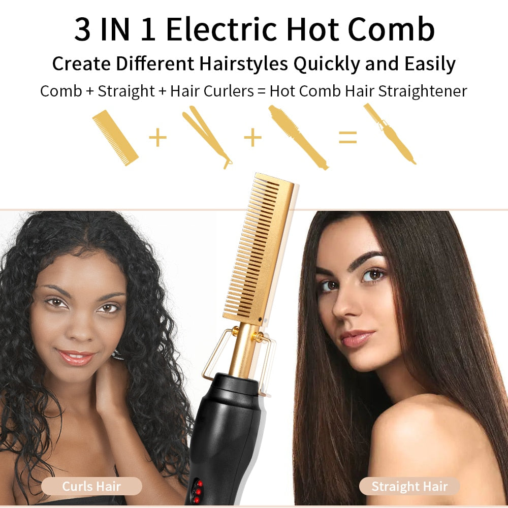 2 in 1 Hot Comb Straightener for Wigs Straightening Brush Electric Flat Iron Hair Straightener Brush Hair Curler Styling Tools