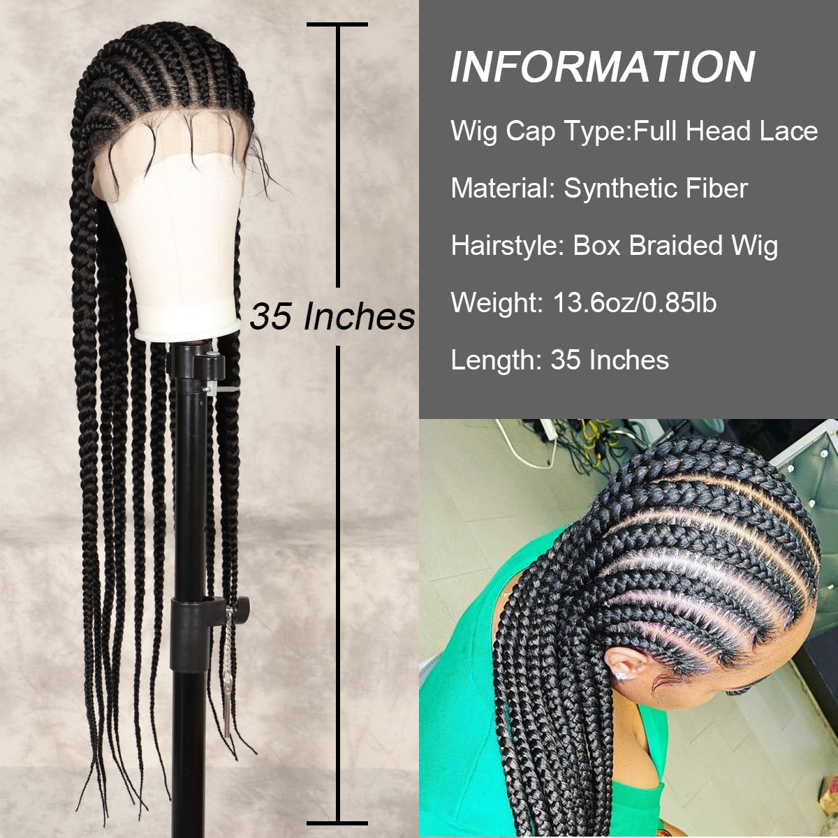 Brinbea Box Braided Wig 360 Full Lace Front Wig 35 Inches Long Cornrow Synthetic Braids Hair Baby Hair For Black Women With Gift