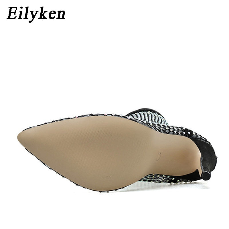 Eilyken New Design Crystal Rhinestone Mesh Stretch Fabric Sock Boots Fashion PVC Transparent Pointed Toe Shoes Sexy High Heels