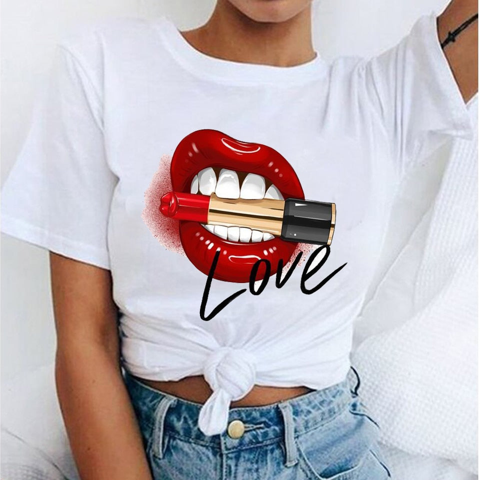 camiseta tee shirts female T-shirt koszulki damskie Harajuku Tshirt Lip Lipstick Tops Tee Women&#39;s Summer T Shirt Shirt Feminina