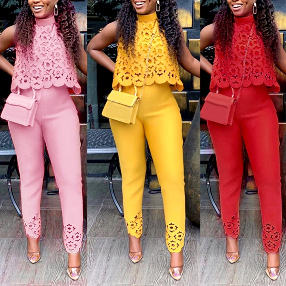 Pant Sets Casual Women Leisure elegance Lace Hollow Sleeveless Crop Top Shirt Pants Office Outfit Suit Women's Clothing 2021