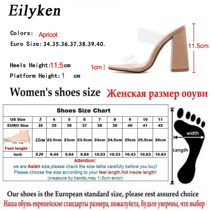 Eilyken 2022 Summer Square High Heels Mules Women Slippers PVC Transparent Slides Casual Slippers Shoes size 35-42