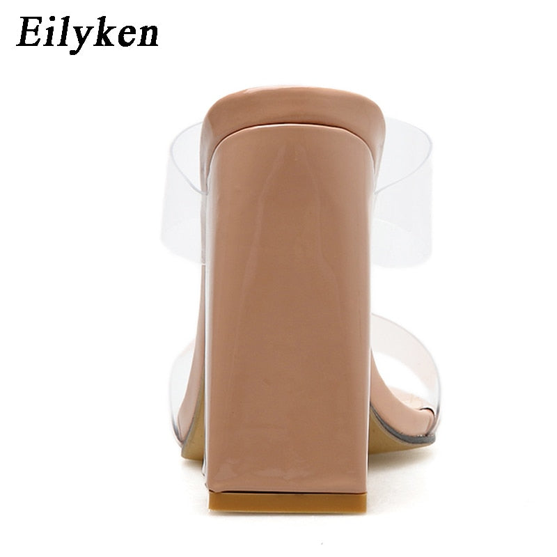 Eilyken 2022 Summer Square High Heels Mules Women Slippers PVC Transparent Slides Casual Slippers Shoes size 35-42