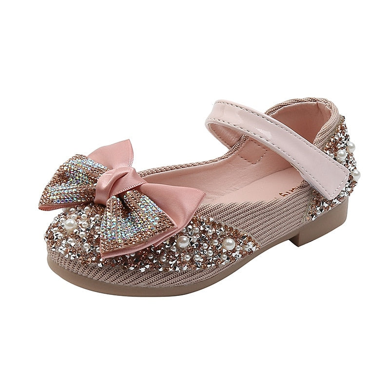 New Children Leather Shoes Rhinestone Bow Princess Girls Party Dance Shoes Baby Student Flats Kids Performance Shoes D785