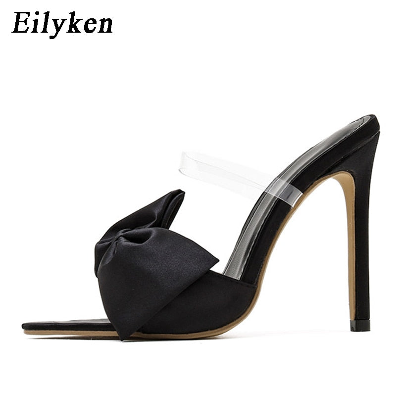 Eilyken Silk Butterfly-knot Women slippers Mule high heels Slippers Sandals flip flops Pointed toe Strappy Slides Party shoes