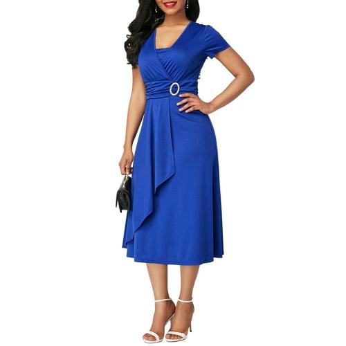 2022 Fashion Elegant Women Solid Color Short Sleeve V Neck Asymmetric Hem Waist Tight Midi Party Dress Ladies Evening Vestidos