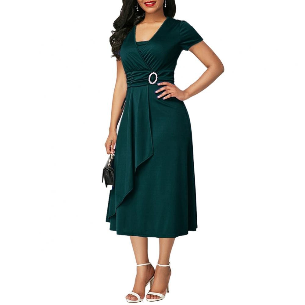 2022 Fashion Elegant Women Solid Color Short Sleeve V Neck Asymmetric Hem Waist Tight Midi Party Dress Ladies Evening Vestidos