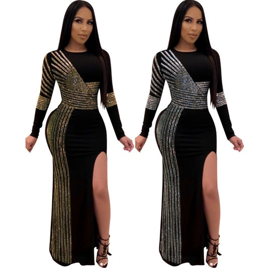 African Maxi Dresses For Women 2020 Black African Long Dress Sequins O-Neck Long Sleeves Daily Dress Evening Dress Party Dress