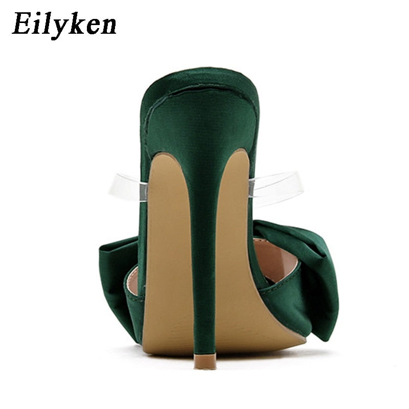 Eilyken Silk Butterfly-knot Women slippers Mule high heels Slippers Sandals flip flops Pointed toe Strappy Slides Party shoes