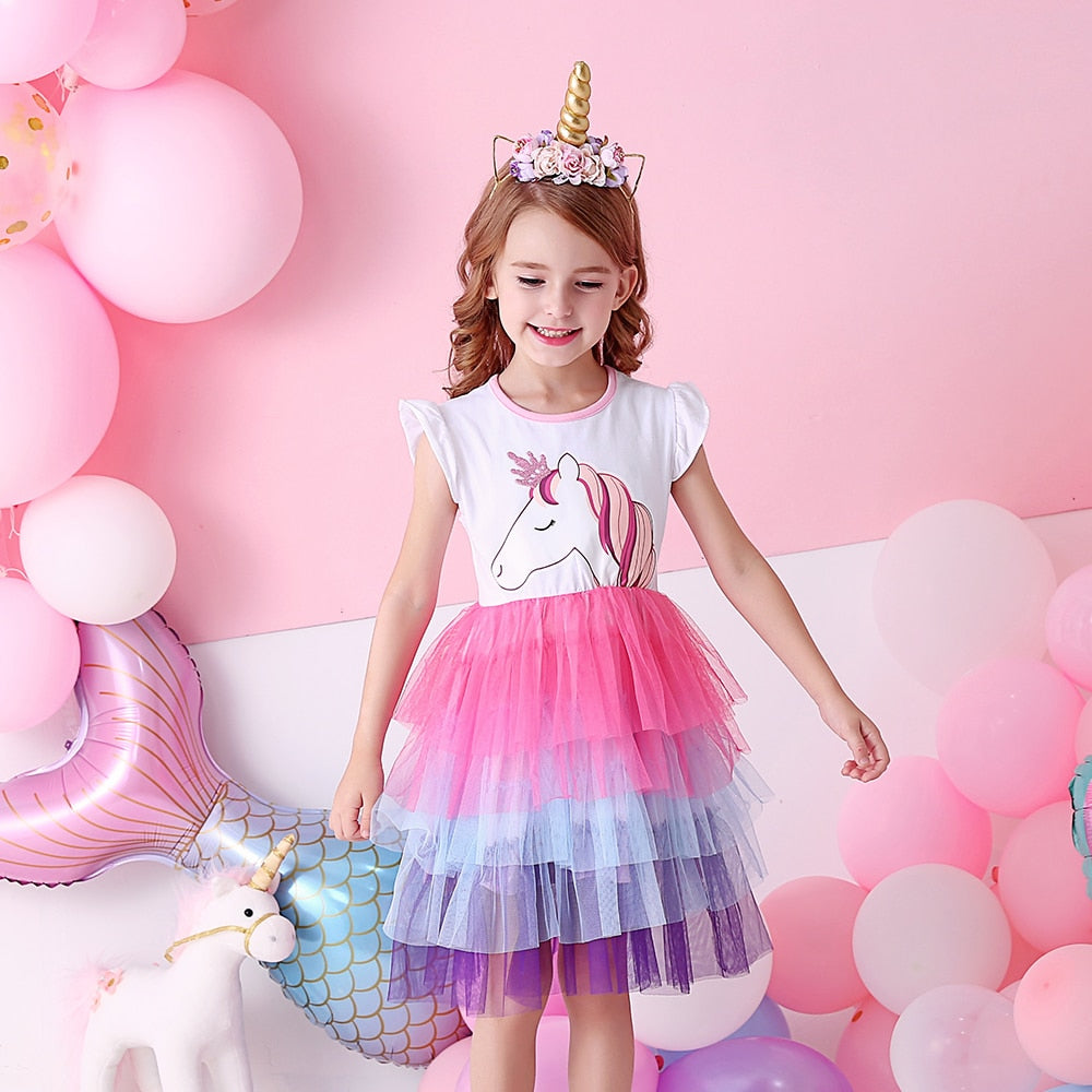 VIKITA Girls Unicorn Tutu Dress Kids Sequined Princess Vestido Girls Birthday Party Dress Children Summer Dresses Kids Clothes