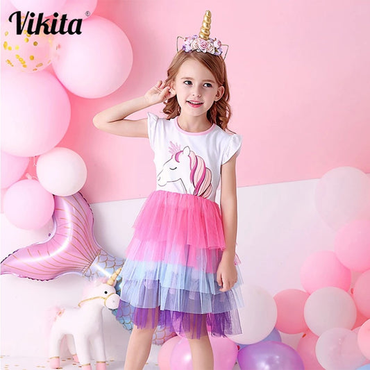 VIKITA Girls Unicorn Tutu Dress Kids Sequined Princess Vestido Girls Birthday Party Dress Children Summer Dresses Kids Clothes