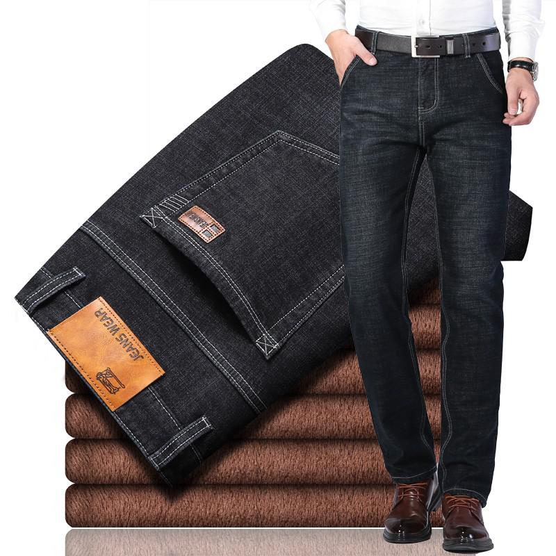 Brand Autumn Winter Warm Flocking Denim Soft  Men Activities Fleece Line Men Jeans Black Blue Grey Colors