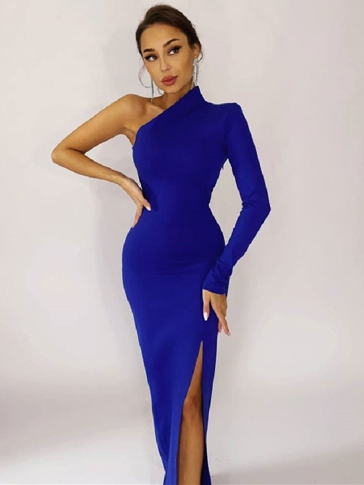Red Elegant Dresses For Women 2022 Fashion One Shoulder Maxi Dress Bodycon Spring Summer Ladies Sexy Evening Club Party Dress