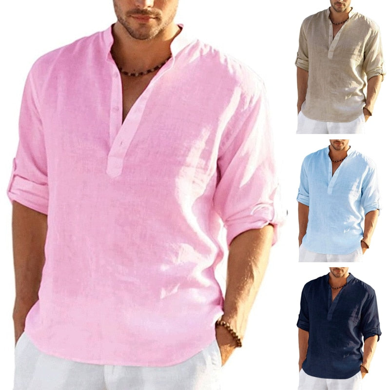 New Men&#39;s Linen Long Sleeve Shirt Solid Color Casual  Long Sleeve Cotton Linen Shirt Tops Size S-5XL