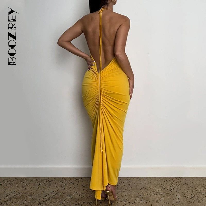 BoozRey Elegant Fashion Halter Sexy Backless Draped Maxi Dress Women 2022 Summer Women Party Long Straps Pleated Dresses Clothes