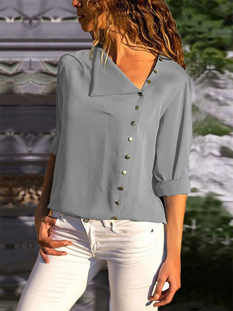 Women Tops And Blouses 2022 Fashion Long Sleeve Skew Collar Chiffon Blouse Casual Tops Plus Size Elegent Work Wear Shirt